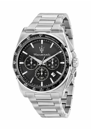 Orologio da polso Maserati in acciaio inossidabile color argento con lunetta tachimetrica nera, quadrante nero, tre sottoquadranti, finestra della data e bracciale a maglie metalliche.