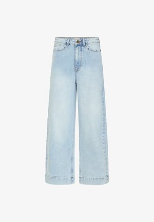 Heledad sinise teksapüksid laia jalaga, kõrge vöökohaga, esise neetimisega ja ilma taskuteta. Omab kerget pleekinud tekstuuri ja üleskeeratud sääri.