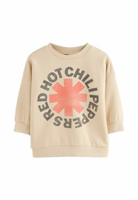 Beżowa bluza z okrągłym dekoltem i rękawami do łokci, z dużą czerwoną gwiazdką oraz napisem "Red Hot Chili Peppers" w kole na przodzie.