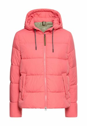 Roze pufferjack met een rits aan de voorkant, capuchon en zijzakken. De stof is glad met een gewatteerd patroon en contrasterende koorden.