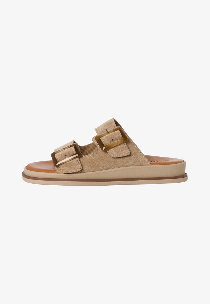 Light tan suede slide sandal featuring two large brown buckle accents, a smooth beige outsole, and a cushioned insole.