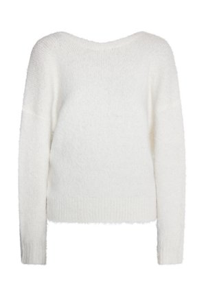 Weißer Pullover aus weichem, flauschigem Material. Hat einen weiten Ausschnitt, lange Ärmel und einen strukturierten, gerippten Saum. Einfaches, minimalistisches Design.
