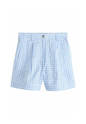 Light blue and white gingham shorts with pleats, button closure, and side pockets. Fabric has a smooth texture.