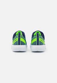 Blue and green athletic shoes with a mesh design, featuring a white sole and patterned accents on the sides and heel.