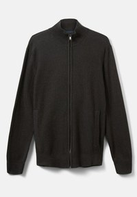 Tmavě šedý zipový svetr s vysokým límcem, žebrovanou texturou a bočními kapsami. Má těsně přiléhavý střih a dlouhé rukávy.