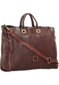 Borsa a spalla in pelle marrone con dettagli in oro, applicazioni di borchie lungo i lati, doppi manici superiori e una tracolla rimovibile.