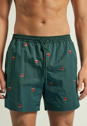 Green swim shorts with an elastic waistband and drawstring, featuring red and green watermelon slice embroidery throughout. Lightweight fabric.