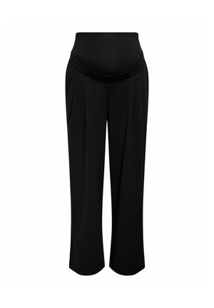 Pantalon de maternité noir avec une taille haute et extensible et des jambes larges, conçu pour le confort et le soutien pendant la grossesse.