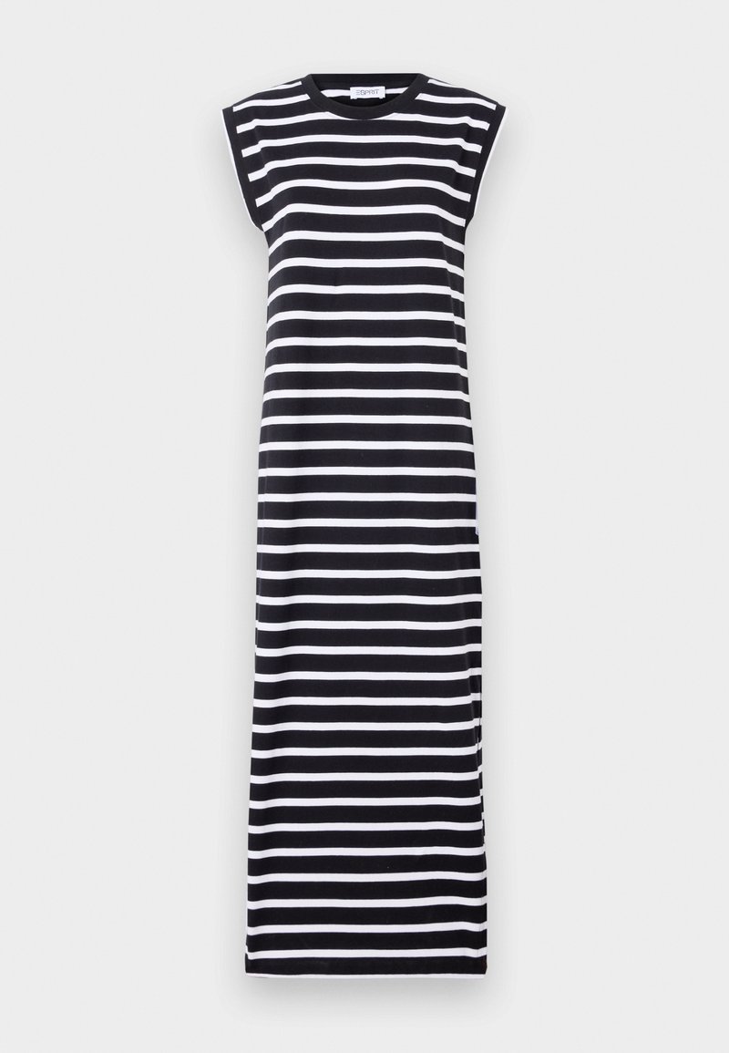 Schwarz-weißer, gestreifter ärmelloser Maxikleid mit Rundhalsausschnitt, das kräftige horizontale Streifen und einen lockeren Schnitt aufweist. Weicher Stoff mit angenehmer Textur.