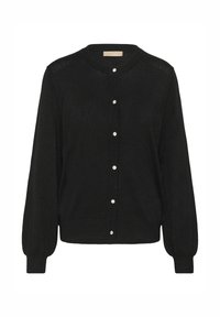 Fekete kardigán, texturált anyagból, környakkivágással, hosszú puffos ujjakkal és öt díszgombbal az elején.