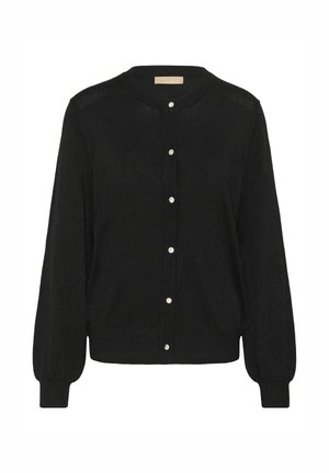 Čierny kardigán vyrobený z textúrovanej látky, s okrúhlym výstrihom, dlhými nadýchanými rukávmi a piatimi ozdobnými gombíkmi na prednej strane.
