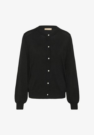 Črni cardigan iz teksturirane tkanine, s krožnim izrezom, dolgimi napihnjenimi rokavi in petimi okrasnimi gumbi spredaj.