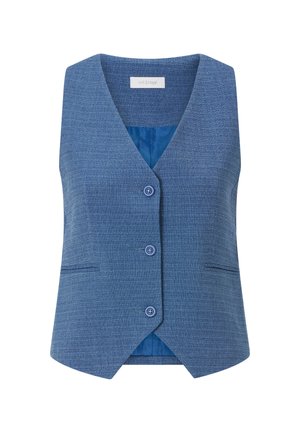 Blue textured vest with a V-neckline, five buttons, and two front pockets. Back features a contrasting blue lining. Tailored, fitted design.