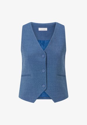 Blå tekstureret vest med V-hals, fem knapper og to forlommer. Bagsiden har en kontrasterende blå foering. Skræddersyet, tætsiddende design.