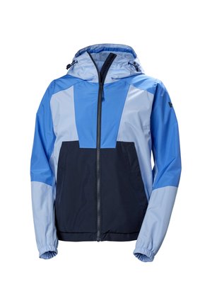 Chaqueta cortavientos en azul y azul claro con cierre de cremallera frontal, capucha ajustable y puños elásticos. Presenta un diseño en bloques de color y una textura suave.