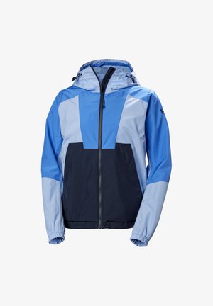 Blue and light blue windbreaker jacket with a zip front, adjustable hood, and elastic cuffs. Features color-block design and soft texture.