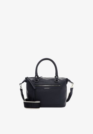 Must nahast käekott kahe sangaga, ees tõmblukuga tasku ja eemaldatava valge ääristusega õlarihmaga.