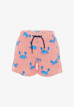 Czerwono-białe kąpielówki w paski z czarnym sznurkiem i niebieskimi wzorami z kreskówkowym krabem na całej powierzchni.