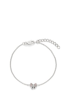 Delicate silver chain bracelet with an adjustable clasp and a small bow-shaped charm adorned with pink crystals at the center.