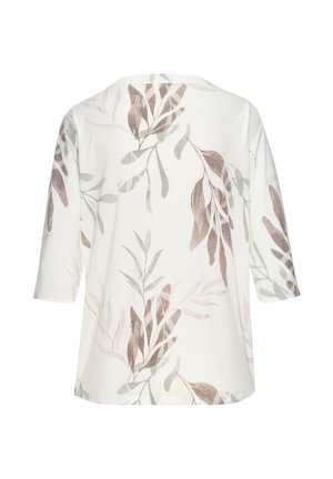 Weißes Langarmshirt mit zurückhaltendem grün-braunem botanischem Blattmuster, Rundhalsausschnitt und lockerem Schnitt.