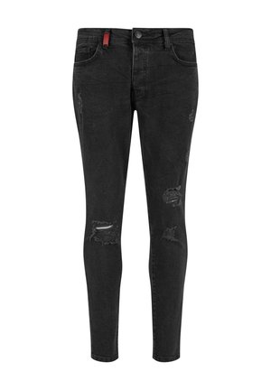 Černé skinny džíny s distressed detaily, s knoflíkovým zapínáním, poutky na opasek a několika kapsami. Vyrobeno z denimové látky.