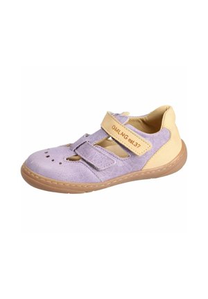 Child’s casual shoe in light purple and beige with two adjustable velcro straps and brown rubber sole.