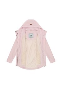 Vaaleanpunainen huppari, jossa on beige sisävuori, edessä vetoketju, painonapit ja näkyvä etiketti kauluksen sisäpuolella.