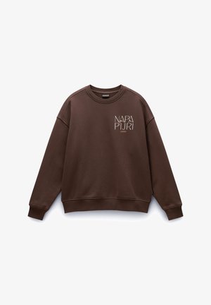 Brown sweatshirt made of soft fabric with a crew neck, dropped shoulders, ribbed cuffs, and a printed logo on the front.