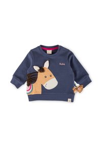 Marineblaues Sweatshirt mit einem Pferdemotiv, das über eine strukturierte Mähne, mehrfarbige Akzente und ein dekoratives Spielzeug am Ärmel verfügt. Größenetiketten sind enthalten.