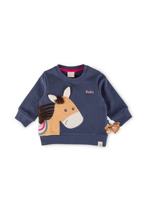Marineblaues Sweatshirt mit einem Pferdemotiv, das über eine strukturierte Mähne, mehrfarbige Akzente und ein dekoratives Spielzeug am Ärmel verfügt. Größenetiketten sind enthalten.