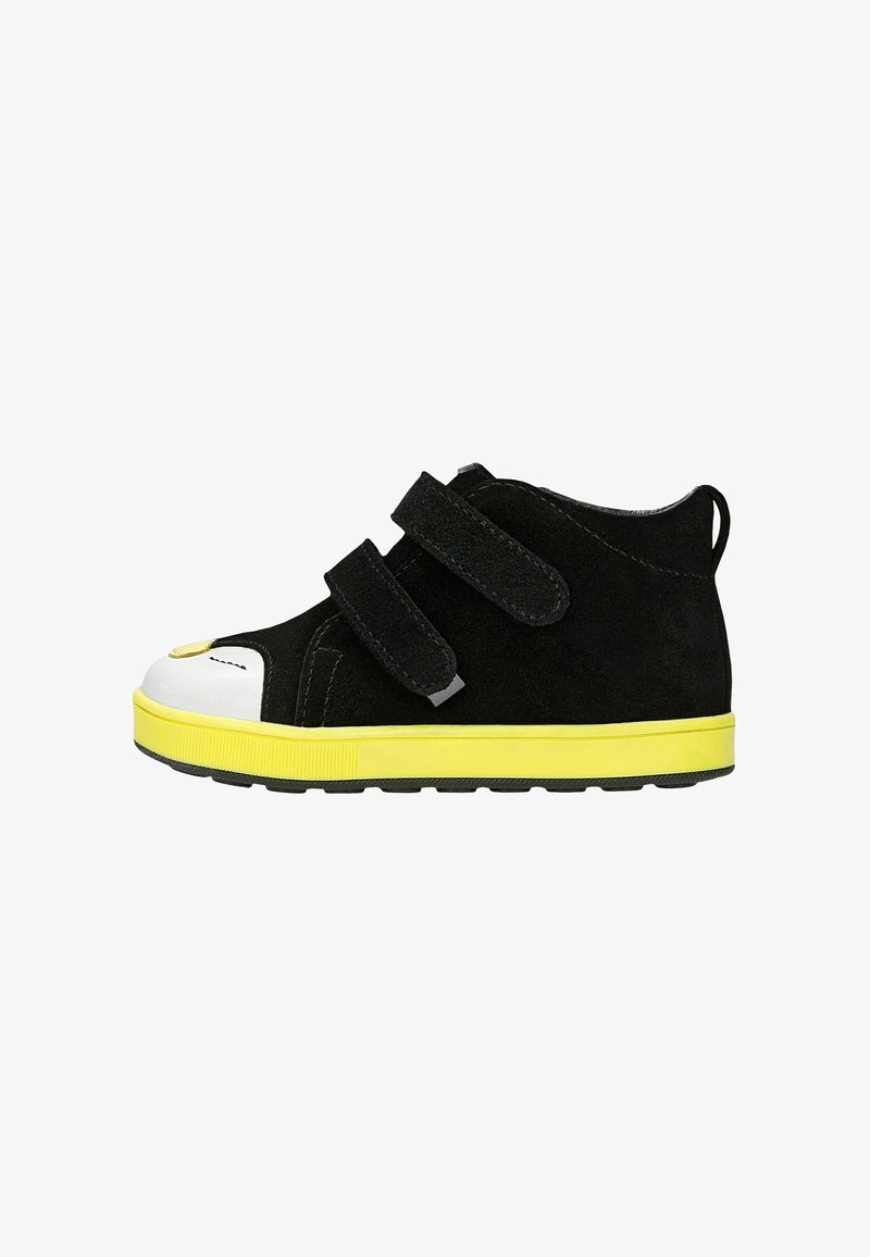 Czarne trampki dla dzieci z podwójnymi rzepami, białym noskiem i jasnosłoneczną podeszwą, widok z boku.