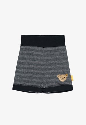 Černé a šedé pruhované šortky z měkké látky. Mají černý pas a béžovou nášivku medvěda na levé straně.
