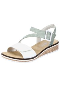 White and light green sandal with a cork wedge sole, two wide straps, adjustable buckle, and soft footbed. Smooth and textured materials.