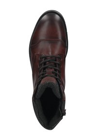 Brauner Lederstiefel mit runder Zehenform, Schnürdesign, Innenfutter und einem seitlichen Reißverschluss. Verfügt über eine robuste Gummisohle und strukturierte Akzente.