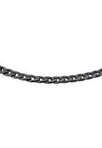 Collana in metallo nero con anelli intrecciati. Ogni anello ha una forma liscia e arrotondata, formando un aspetto continuo e lucido.