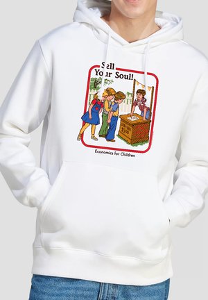 Children lined up at a wooden stand with a sign reading "Cash 4 Souls $5.00," with text "Sell Your Soul!" and "Economics for Children."