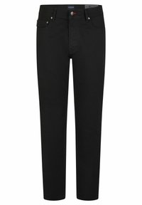 Jean noir slim fit avec fermeture boutonnée et zippée, poches avant et poche monnaie, et passants de ceinture, présentés sur fond blanc.