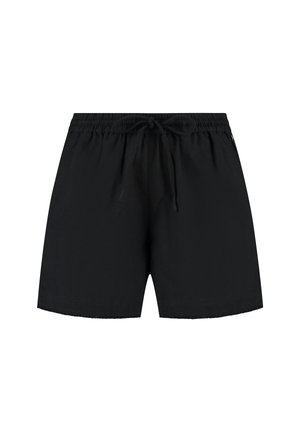 Shorts de bain noirs avec une taille élastique, détail de cordon de serrage et texture lisse. Le design est simple, sans motifs ni accents visibles.