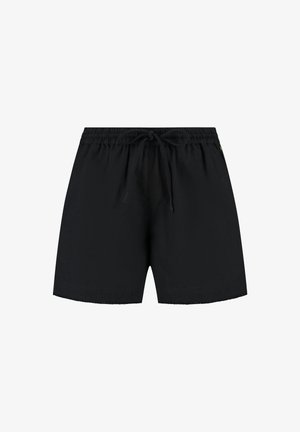Schwarze Badeshorts mit elastischem Bund, Kordelzugdetails und einer glatten Textur. Das Design ist einfach, ohne sichtbare Muster oder Akzente.