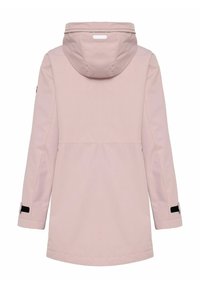 Hellrosa, wasserdichte Jacke mit Kapuze, geradem Schnitt, langen Ärmeln und verstellbaren Bündchen mit schwarzen Riemenakzenten.