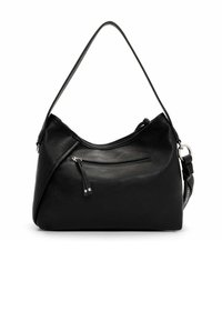 Musta nahkainen olkalaukku, jossa on kaareva muoto, teksturoitu pinta ja etupuolella vetoketjullinen tasku. Varustettu yhdellä säädettävällä hihnalla.