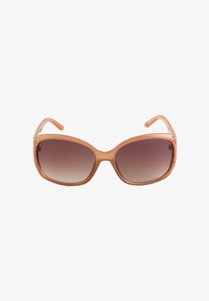 Übergroße braune Kunststoff-Sonnenbrille mit leicht gewölbten rechteckigen dunklen Verlaufsgläsern und verzierten Bügeln.