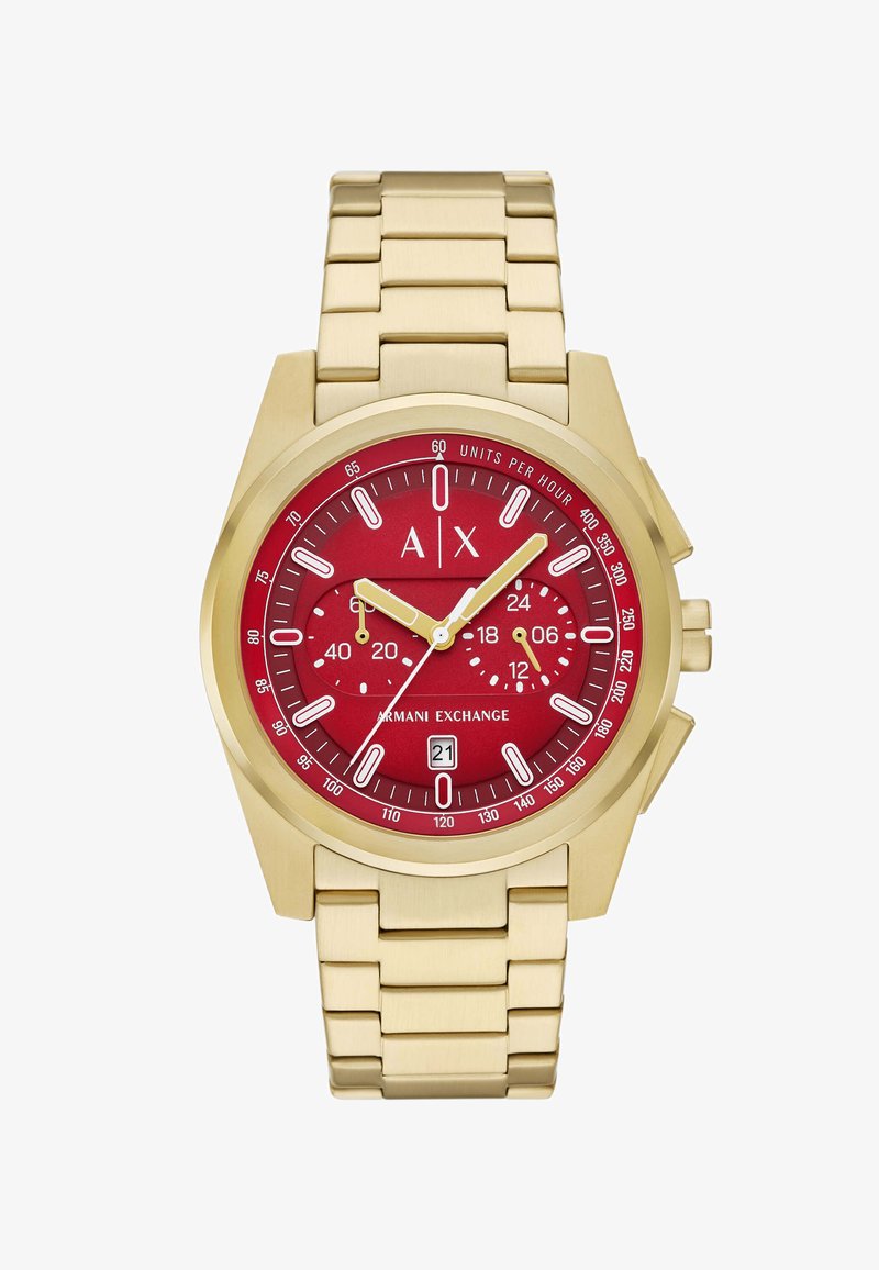 Orologio da polso in acciaio inossidabile dorato con quadrante rosso, marcature bianche e due sotto-quadranti. Presenta una finestra per la data e un design di braccialetto a maglie elegante.
