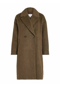 Kabát se dvojitým řazením knoflíků v olivově zelené barvě, vyrobený z texturované látky, s velkým klopovým límcem a postranními kapsami. Přední strana s knoflíkovými detaily.