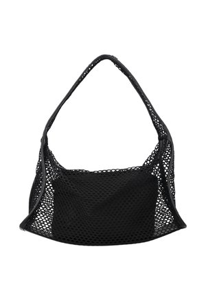 Geantă de umăr neagră din plasă, cu un buzunar interior solid, mâner structurat și design deschis de plasă pe fundal alb.