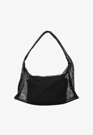 Fekete hálós válltáska masszív belső zsebbel, strukturált fogantyúval és nyitott hálós kialakítással fehér háttéren.