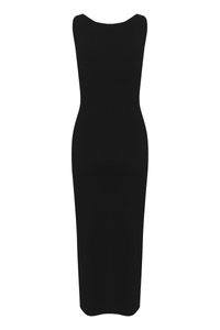 Black, sleeveless, figure-hugging midi dress with a round neckline and smooth texture, featuring a solid color with no visible patterns or accents.
