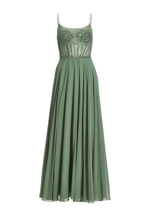 Groene mouwloze avondjurk met bewerkte lijfje, dunne bandjes en vloeiende geplooide rok.