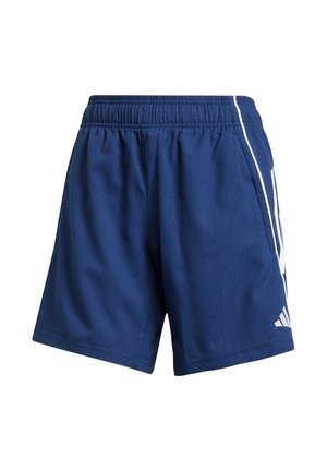 Navy blue sports shorts with an elastic waistband, side pockets, and white accent stripes along the sides. Made from lightweight fabric.