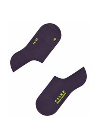 Paarse enkelkousen met een gladde textuur, met gele branding waarop staat "FALKE KEEP WARM" en maatinformatie gedrukt.